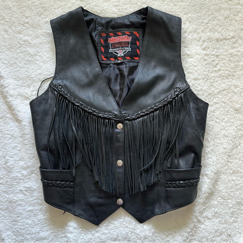 Interstate Leather Biker Black Leather Fringe Vest Womens small